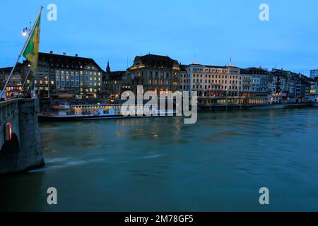 River cruise ship by the Mittlere Brücke bridge, river Rhine, city of Basel, Canton Basel Stadt, Switzerland, Europe Stock Photo