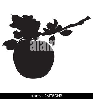 Apple blossom black silhouette. Fruit tree twig with flowers vector illustration Stock Vector