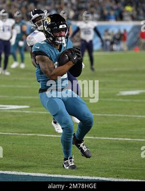 Jacksonville, Florida, USA. January 7, 2023: Jacksonville Jaguars wide  receiver JAMAL AGNEW (39) gets tackled after returning the ball during the Jacksonville  Jaguars vs Tennessee Titans NFL game at TIAA Bank Field