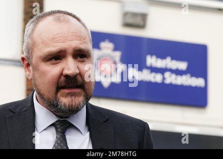 File photo dated 05/01/23 of Detective Superintendent Rob Kirby updates the media gathered outside Harlow Police Station, Essex. A man has been charged with murder after human remains were found in a pond on New Year's Eve. Essex Police said on Sunday that Lee Clark, 52, of Wedhey, Harlow, has been charged with killing 59-year-old Phillip Lewis, known as 'Scottish Phil', whose body was found in Oakwood Pond, Harlow. Issue date: Sunday January 8, 2023. Stock Photo