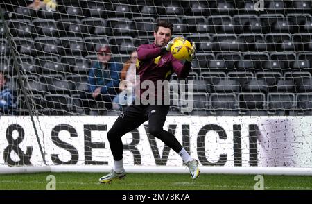 Pride Park, Derby, Derbyshire, UK. 8th Jan, 2023. FA Cup Football, Derby County versus Barnsley; Joe Wildsmith of Derby warming up before kick off Credit: Action Plus Sports/Alamy Live News Stock Photo