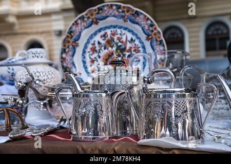 Close up of a set of pots in a stall of the flea market in Cagliari Stock Photo