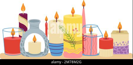 Wax candles on shelf. Decorative candle flame, home fire decor elements. Christmas time cozy decorations, holidays, relax or pray vector concept Stock Vector