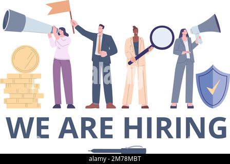Hiring concept with HR managers. Office workers with magnifying glass, flag, megaphone and spyglass. People look and search professionals vector Stock Vector