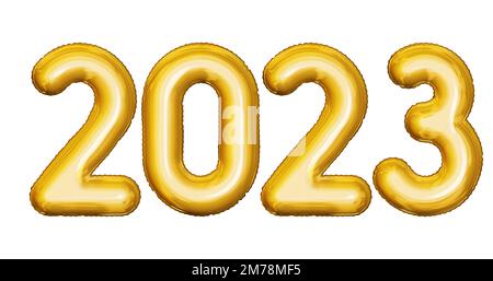 2023 text gold balloons, shining font type set isolated on white background Stock Photo