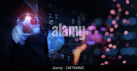 Engineer businessman hand pushing start icon on modern computerfor programming about cyber security,advance virtual network future technology blockcha Stock Photo