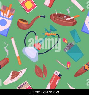 Cigarettes pattern. Tobacco leaves and tubes lighters pictures exact vector seamless background Stock Vector