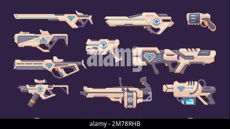 Game pistol. Space futuristic weapons for kids exact vector colored blasters and pistols Stock Vector