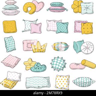 Pillows. Relax time items sleeping soft pillows recent vector colored cartoon illustrations Stock Vector