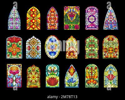 Stained glass windows. Decorative colored frames transparent glasses for church cathedral medieval windows recent vector templates Stock Vector