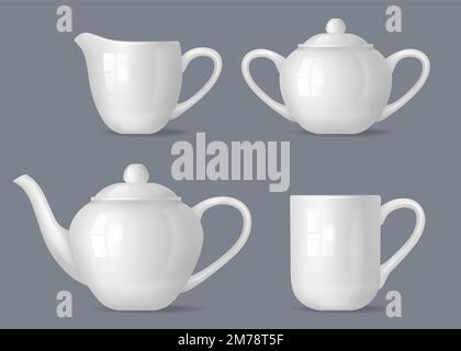 Realistic tea set. Utensils for tea relax time pot tea cup bowl for sugar and kettle decent vector template Stock Vector