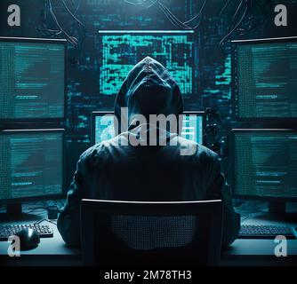 Rear view of hacker using computers for stealing data on desk Stock Photo