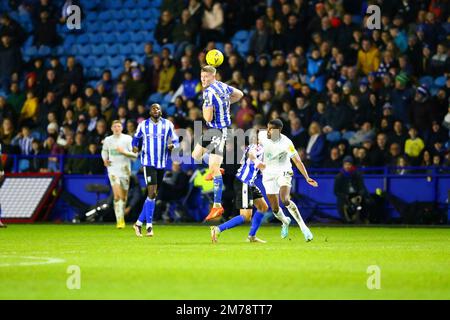 Hillsborough Stadium, Sheffield, England - 7th January 2023 Mark McGuinness (34) of Sheffield Wednesday heads the ball away from Alexander Isak (14) of Newcastle United - during the game Sheffield Wednesday v Newcastle United, Emirates FA Cup,  2022/23, Hillsborough Stadium, Sheffield, England - 7th January 2023 Credit: Arthur Haigh/WhiteRosePhotos/Alamy Live News Stock Photo