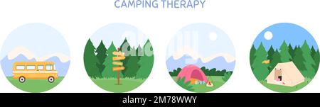 Camping round badges templates. Cartoon camp tent and fire, bus and direction arrows. Decorative forest adventures vector stickers Stock Vector