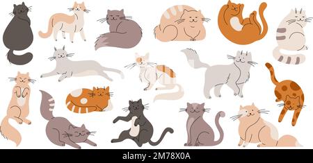 Doodle flat cats, funny fur cat and kittens. Cute pets isolated characters. Cartoon animals sleep, play, sitting. Racy fluffy animals vector kit Stock Vector