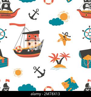 Pirate ships, ship wheel, palm island isolated elements. Childish sea pirates seamless pattern. Ocean adventures, travel vector textile print Stock Vector