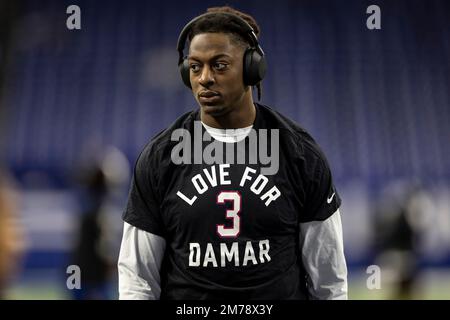 January 8, 2023: Indianapolis Colts linebacker Shaquille Leonard (53)  wearing a Love for Damar 3 shirt in support of Buffalo Bills safety Damar  Hamlin during pregame of NFL football game against the