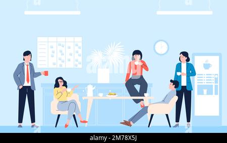 Office coffee break, corporate lunch time on workplace. Drink with colleagues, resting and relaxation on work. People eat and talk recent vector scene Stock Vector