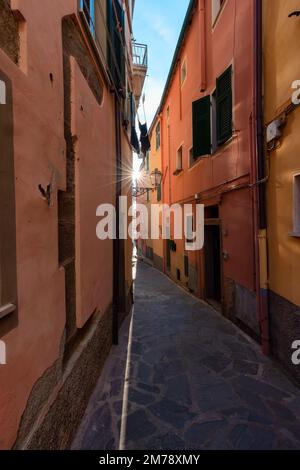 Alleyway in touristic town, Manarola, Italy. Cinque Terre Stock Photo