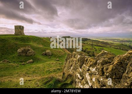 Folly on Bredon Hill, with view of countryside, Vale of Evesham, Worcestershire Stock Photo