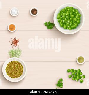 Mustard seeds set. Spicy condiment, seasoning, packaging and leaves, wooden spoons, plant, sauce in gravy boat, whole and ground grains. Vintage Stock Vector