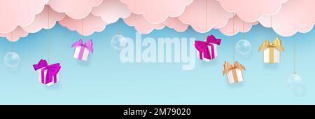 Merry Christmas Happy New Year papercut web banner illustration of holiday season landscape in paper fold style. Includes festive winter shops Stock Vector