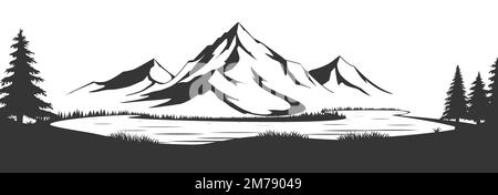 Wild natural landscape with mountains, lake, rocks. Illustration converted to vector. Great for travel ads, brochures, labels, flyer decor, apparel, t Stock Vector