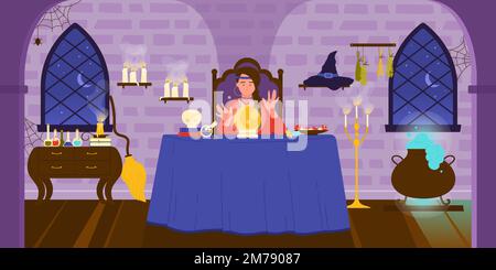 Magic prediction of fortune teller vector illustration. Cartoon woman reading future in crystal ball, gypsy sitting at table with sphere and skull in spooky wizard room interior with witch cauldron Stock Vector