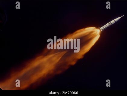 Cape Canaveral, United States. 11 October, 1968. The NASA Saturn IB booster rocket blasts off, carrying the Apollo 7 spacecraft, show at 35,000 feet above the Atlantic Ocean, October 11, 1968, near Cape Canaveral, Florida. The first manned Apollo space mission is carrying astronauts Donn Eisele, Wally Schirra Jr, and Walter Cunningham on an 11-day mission into space. Stock Photo