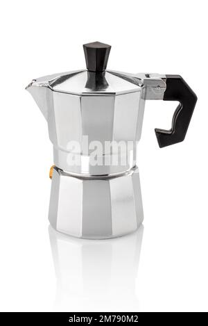 Moka coffee pot, Italian mocha aluminum espresso maker, isolated on white with reflection, with clipping path included Stock Photo