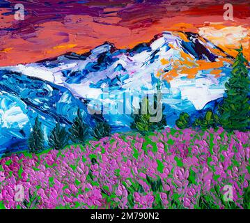 Mount Rainier National Park, oil painting. Stock Photo