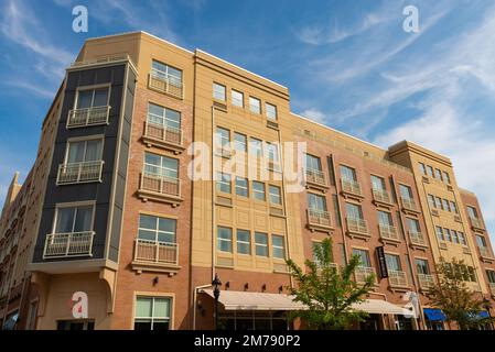 Naperville, Illinois- United States- September 15th, 2022: Exterior of downtown hotel and storefronts in Naperville, Illinois, USA. Stock Photo