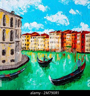 Gondoliers on the Grand Canal in Venice. Oil painting. Stock Photo