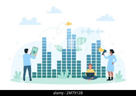 Studio graphic equalizer vector illustration. Cartoon tiny people record and listen radio music in audio player and mixer, engineer making digital multimedia with sound waves, phone and laptop Stock Vector