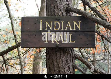 New York, U.S.A - October 17, 2022 - The Indian Trail wooden sign of Watkins Glen State Park Stock Photo