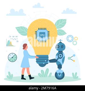 Automation of idea creation, AI support vector illustration. Cartoon tiny person and robot holding big bright light bulb with CPU processor inside together, innovation technology and invention Stock Vector