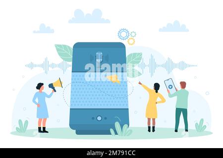 Smart voice personal assistant, AI recognition vector illustration. Cartoon tiny people control home IOT system through wireless commands on speakers and microphone, talk with virtual bot via phone Stock Vector