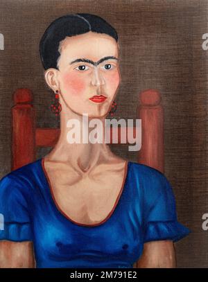 Young Mexican woman, sitting on a chair. Oil painting on linen canvas Stock Photo
