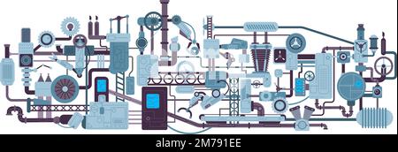 Machine mechanism complexe. Mechanical engine gears cogs robot manufacturing, steampunk pattern science factory funnel steam energy process, vector illustration of engine machinery mechanical Stock Vector