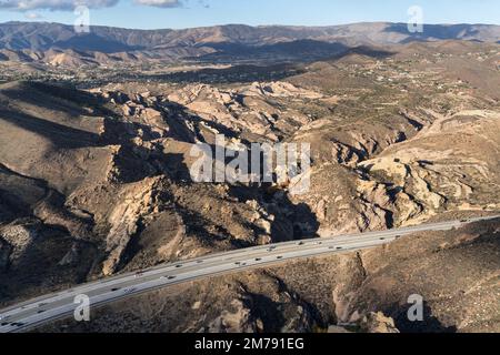 Aerial view of Vasquez Rocks County Park and the 14 Freeway near Agua Dulce in Los Angeles County, California. Stock Photo