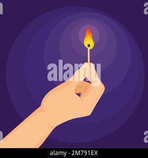 Hand holding match. Fingers hold glowing matchstick with burning flame in dark, fire wood stick for ignite light firework or heating, hands burn matches cartoon vector illustration of fire stick burn Stock Vector