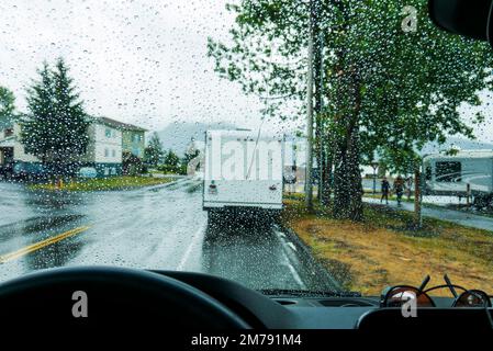 Rain drops viewed through windshield; Airstream Interstate 24X 4WD campervan; Seward; Alaska; USA Stock Photo