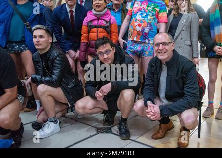 London, UK. 8th Jan, 2023. No Trousers on the Tube Day Returns After COVID. No Trousders on the Tube returned after a hiatus due to the COVID-19 pandemic. The official event was organised by Ivan Markovic of Facebook group The Stiff Upper Lip Society and proceeded from Newport Place to Leicester Square and the Northern Line to Tottenham Court Road and the Elizabeth Line to Paddington Station and to Paddington Bear's statue. There was an unofficial splinter group which went its own way. Credit: Peter Hogan/Alamy Live News Stock Photo