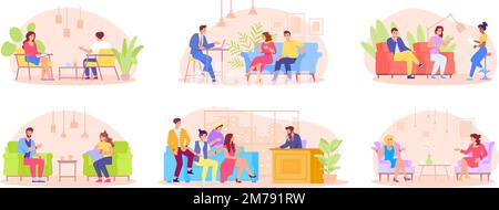 Celebrity interview. TV presenter interviewing famous guests sitting on chair or sofa show studio, broadcast journalist interview man conversation, swanky vector illustration of television interview Stock Vector