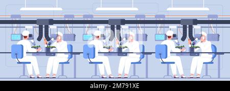 Pcb assembly. Workers with oscilloscope soldering working on factory electronics production line, research test laboratory china microchip component, vector illustration of industry assembly circuit Stock Vector