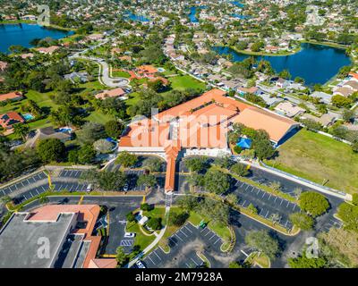 Davie, FL, USA - January 6, 2022: Aerial photo St Bonaventure Catholic Church Stock Photo