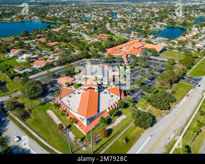 Davie, FL, USA - January 6, 2022: Aerial photo St Bonaventure Catholic Church Stock Photo