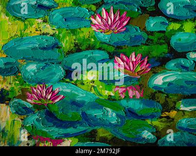 Pink Lotus Flowers in the pond, oil painting. Stock Photo