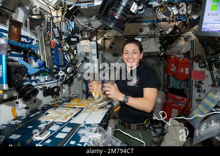 International Space Station, EARTH ORBIT. 03 January, 2023. NASA Expedition 68 NASA Flight Engineer, Nicole Mann, works in the Harmony module onboard the International Space Station, January 1, 2023 in Earth Orbit. Mann is working on the BioNutrients-2 investigation using genetically engineered microbes to provide nutrients, and potentially other compounds including pharmaceuticals, on demand in space. Stock Photo