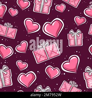 Vector Valentine's Day seamless pattern, square repeating background with set of variety contour valentines hearts, red gift boxes with bows and decor Stock Vector